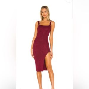 Stretchy red sparkle midi dress with side slit - revolve / superdown